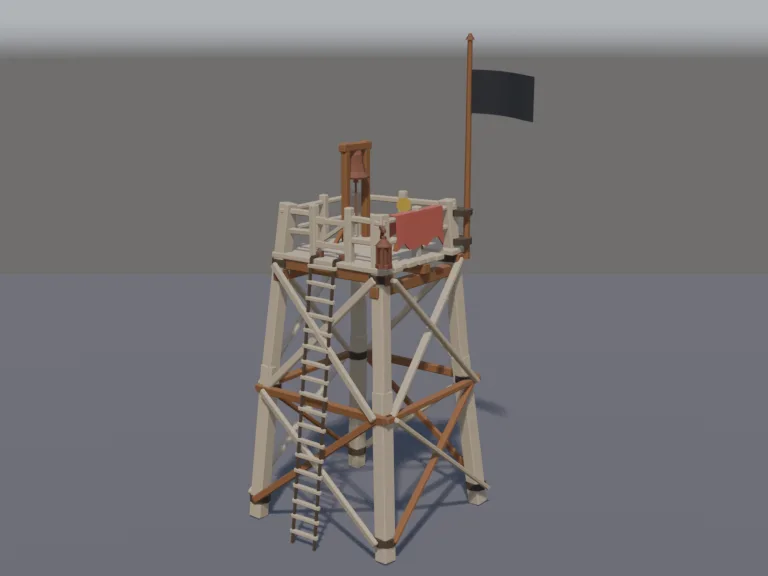 Pirate Lookout Tower: a low-poly pirate lookout tower: a tall rickety watchtower built from driftwood with a rope ladder, a platform with a spyglass on a stand, a warning bell,…