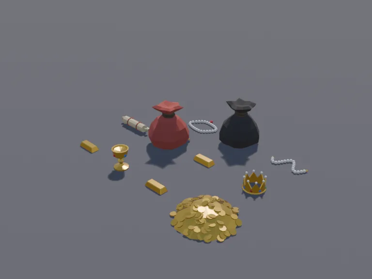 Pirate Loot Pile: a low-poly pirate loot pile: a heap of gold coins, a jewelled goblet, a crown, strings of pearls, gold bars, a rolled treasure map and two tied sacks of loot.