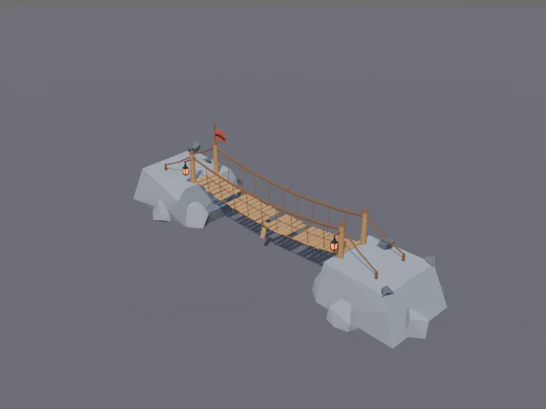 Pirate Rope Bridge: a low-poly rope bridge: a sagging wooden plank bridge held up by thick ropes between two wooden posts on rocky ledges, with a few planks missing and…