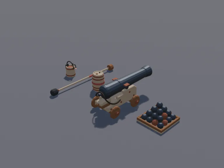 Pirate Ship Cannon Set: a low-poly ship cannon set: a black iron cannon on a wooden carriage with wheels, a pyramid of cannonballs, a powder barrel, a ramrod and a fuse bucket.
