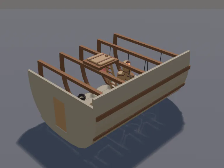 Pirate Ship Cargo Hold: a low-poly ship cargo hold: a section of ship interior with curved hull walls, stacked barrels and crates, hammocks strung between beams, a lantern and…