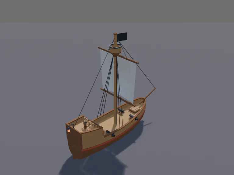 Pirate Sloop: a low-poly pirate sloop: a single-mast wooden ship with a patched square sail, a crow's nest, a ship's wheel on a raised stern deck, four cannons along the sides,…
