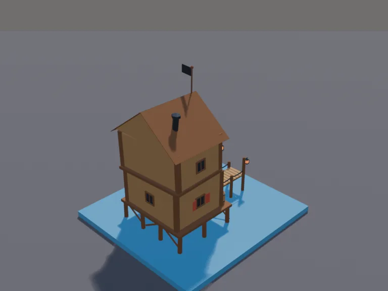 Pirate Stilt Tavern: a low-poly pirate tavern: a crooked two-storey timber building on stilts over the water, a swinging sign board left blank, barrels stacked by the door, a…