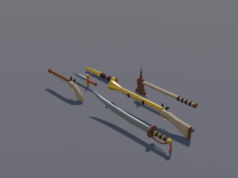 Pirate Weapon Set: a low-poly pirate weapon set: a curved cutlass, a flintlock pistol, a boarding axe, a dagger, a blunderbuss and a brass spyglass.