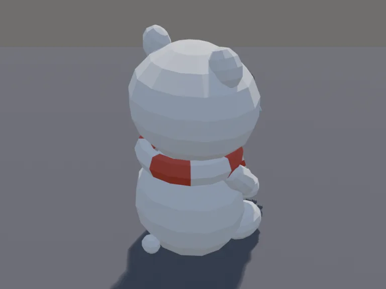 Polar Bear Cub Pet: a cute chunky low-poly polar bear cub pet sitting on its bottom: fluffy white fur with soft blue shadows, round ears, a black nose and button eyes, big paws…