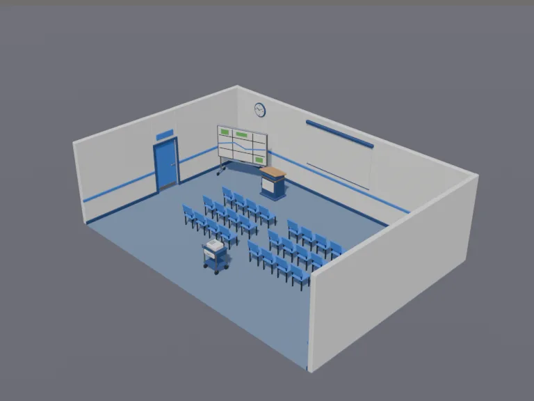 Police Briefing Room: a low-poly police briefing room set: rows of chairs facing a podium, a whiteboard with a blank map, a projector on a cart, a table with coffee and…