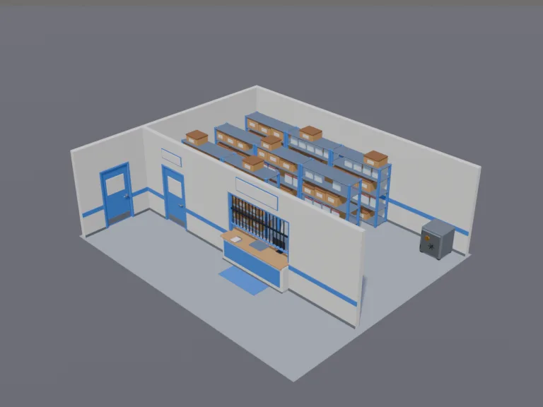 Police Evidence Room: a low-poly police evidence room: rows of metal shelves with labelled boxes left blank, evidence bags with small items, a check-out counter with a cage…