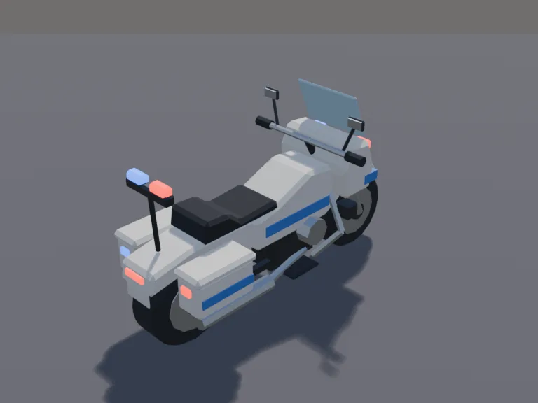 Police Motorcycle: a low-poly police motorcycle: a big white touring motorcycle with blue and red lights on the front and back, a windscreen, saddlebags, a siren speaker and…