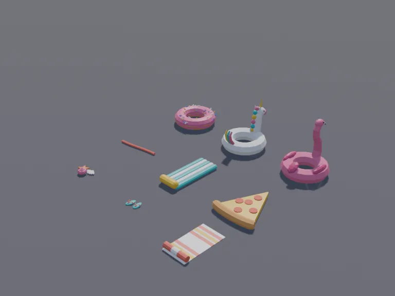 Pool Floats Set: a low-poly pool floats set: a flamingo float, a donut ring, a unicorn float, a pizza slice float, an inflatable lounger and a pool noodle.