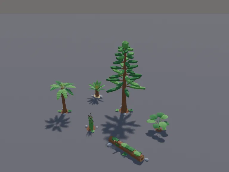 Prehistoric Plants Set: a low-poly prehistoric plants set: a giant tree fern, a cycad palm, a clump of horsetails, a big mossy log, a cluster of giant leaves and a tall conifer.
