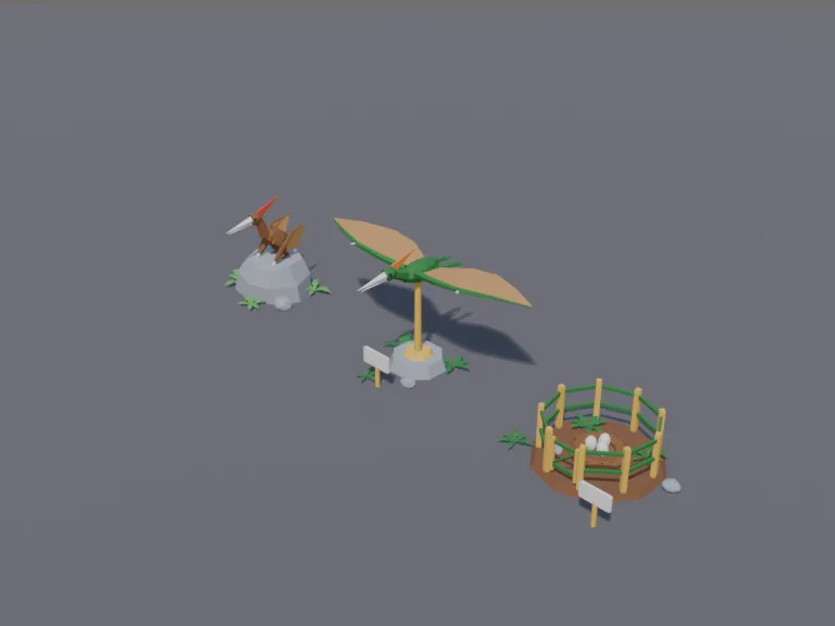 Pterosaur Park Set: a low-poly flying reptile set: two pterosaurs with wide leathery wings, one perched on a rock, one with its wings spread on a stand as if gliding, and a…