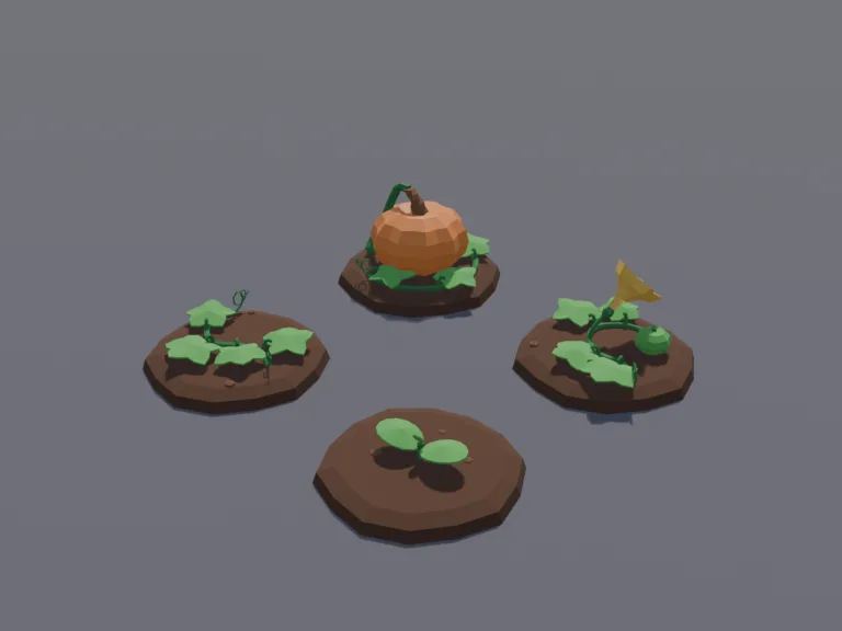 Pumpkin Growth Stages: a low-poly pumpkin plant in four growth stages, each on its own patch of dark soil: a sprout with two round leaves, a spreading vine with broad lobed…