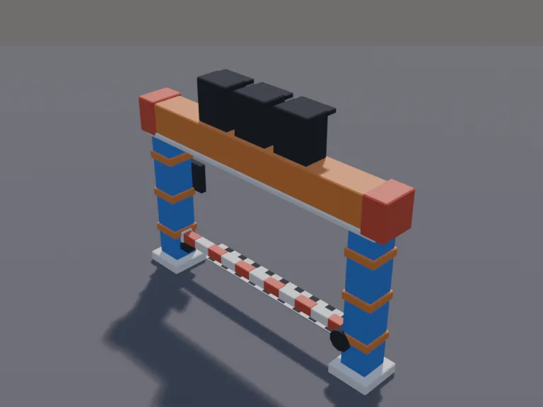 Race Start Gate: a low-poly start gate: a wide starting arch with three countdown lights on top, a gate bar that is its own part so it can lift, a starting line painted on the…