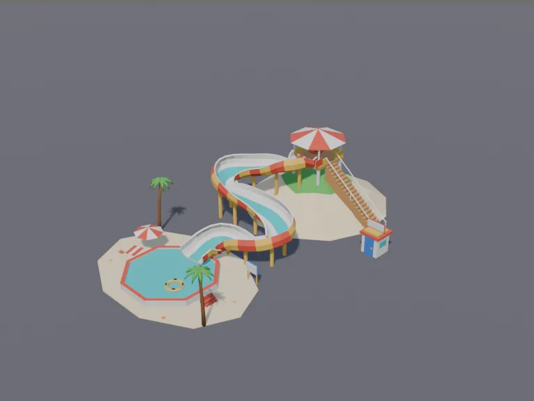 Raft Slide Water Park: a low-poly raft slide: a wide open-top slide for round family rafts with big banked curves coming down a hill structure into a landing pool, and a stack…
