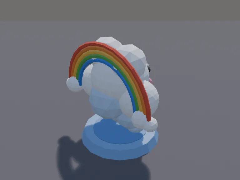 Rainbow Cloud Pet: a cute chunky low-poly cloud pet: a fluffy cloud body made of round puffs, a sleepy smile, rosy cheeks and a tiny rainbow arching behind it.