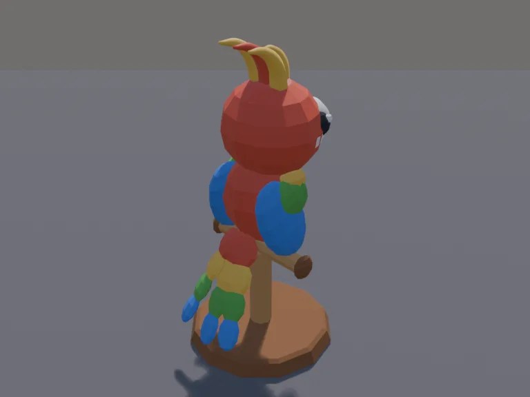 Rainbow Parrot Pet: a cute chunky low-poly parrot pet: a curved hooked beak, a crest of head feathers and long tail feathers in rainbow bands.
