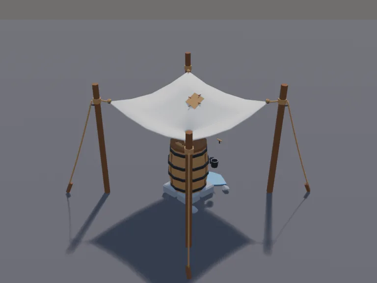 Rainwater Collector: a low-poly rainwater collector: a canvas tarp stretched on four poles funnelling into a wooden barrel, a tin cup hanging on the barrel, a small tap on its…