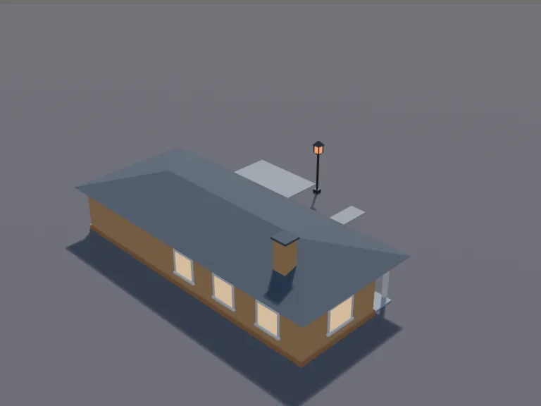 Ranch Bungalow: a low-poly ranch-style bungalow: a long low single-storey house in tan brick with a wide shallow roof, a covered front walkway, a picture window, a two-car…