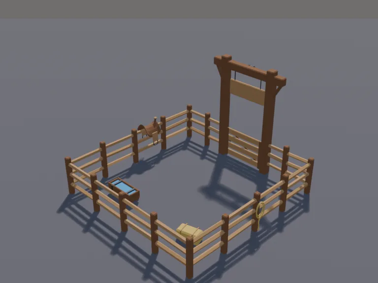 Ranch Gate Corral: a low-poly ranch gate and corral: a tall timber gate frame with a crossbeam and a blank sign board hanging from it, a split-rail corral fence in a square, a…