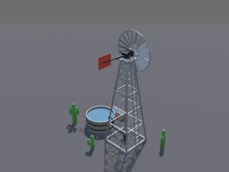 Ranch Windpump: a low-poly windpump: a tall steel lattice tower with a ladder, a big multi-bladed wind wheel and a tail vane, a pump rod running down into a round metal water…