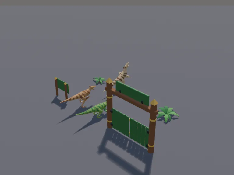 Raptor Park Set: a low-poly raptor set: three small fast raptors in different poses, one crouching, one running and one calling out, with feathers.