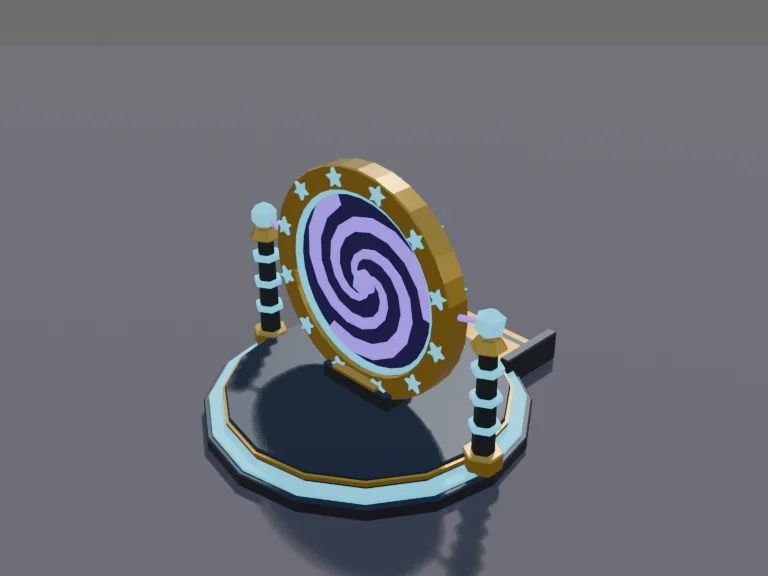 Rebirth Machine: a low-poly rebirth machine: a tall circular portal-like machine with a glowing purple swirl inside, a golden ring frame covered in star symbols, two energy…