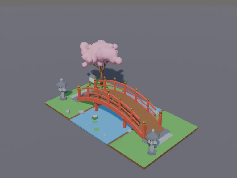 Red Arched Garden Bridge: a low-poly red arched bridge: a steep wooden bridge painted red with railings and gold caps, crossing a short stream piece with rocks and lily pads,…