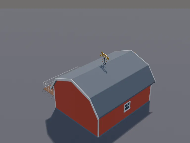Red Gambrel Barn: a low-poly red barn: a classic gambrel-roofed barn painted bright red with white trim and white X-braced doors, a big sliding front door that is its own part,…