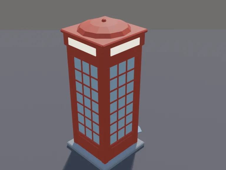 Red Phone Booth: a low-poly red phone booth: a classic tall booth with a domed top, rows of small glass panes, a door that is its own part, a phone and a small shelf inside, a…