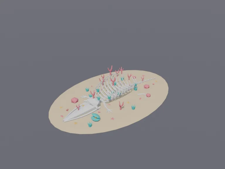 Reef Whale Skeleton: a low-poly whale skeleton: a huge whale skeleton lying on the sandy seabed with its ribs arching up, coral and anemones growing on the bones and a few…