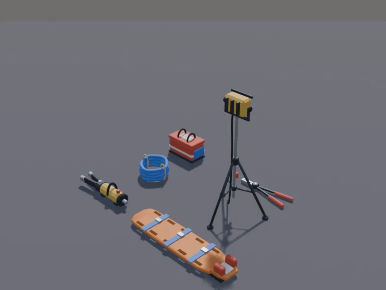 Rescue Equipment Set: a low-poly rescue equipment set: a hydraulic spreader tool, a coil of rescue rope, a spine board stretcher, a pair of bolt cutters, a portable floodlight…