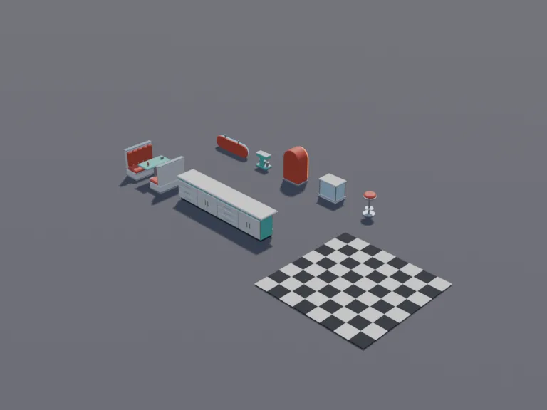 Retro Diner Kit: a low-poly retro diner interior: red vinyl booths with chrome trim, a long counter with spinning stools, a pie display case, a checkered floor piece and a…