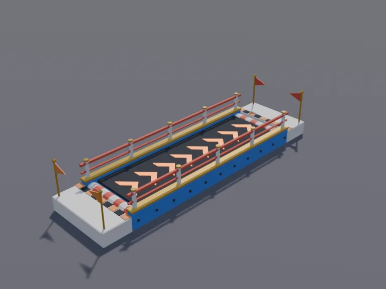 Reverse Treadmill Obstacle: a low-poly reverse treadmill obstacle: a long conveyor belt floor running backwards, striped rollers at both ends, side rails, and glowing arrows on…