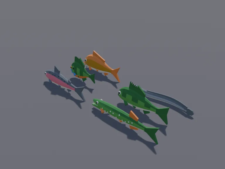 River Fish Set: a set of six low-poly river fish: a pink-sided salmon, a green largemouth bass, a golden carp with whisker barbels, a long toothy pike, a small blue-gilled…
