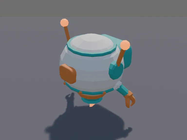 Robot Companion Pet: a cute chunky low-poly robot companion pet: a round floating body with a big screen face showing two glowing eyes, little antenna ears with lights on the…
