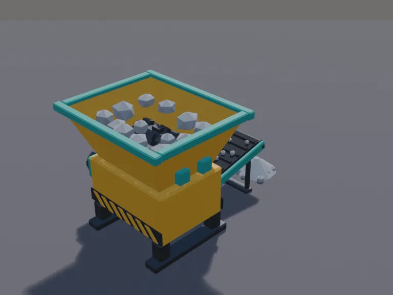 Rock Crusher Machine: a low-poly rock crusher machine: a chunky yellow machine with a big hopper on top full of rocks, two toothed rollers, a belt carrying gravel out of the…