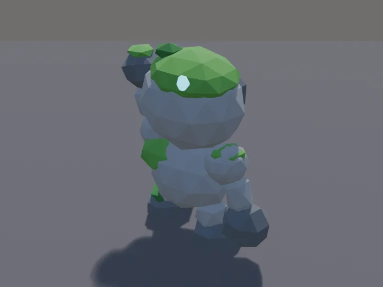 Rock Golem Pet: a cute chunky low-poly rock golem pet: a body built from chunky stones, glowing blue crystal eyes, mossy patches and big blocky fists.