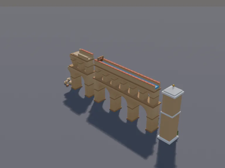 Roman Aqueduct Set: a low-poly Roman aqueduct: two tiers of stone arches carrying a water channel on top, with a pillar end piece and a broken section, in warm sandstone.