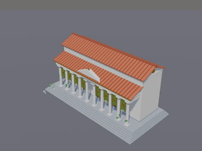 Roman Basilica: a low-poly Roman basilica: a long stone hall with a colonnade along the front, a terracotta roof, tall doors, steps along its length and banners hanging between…