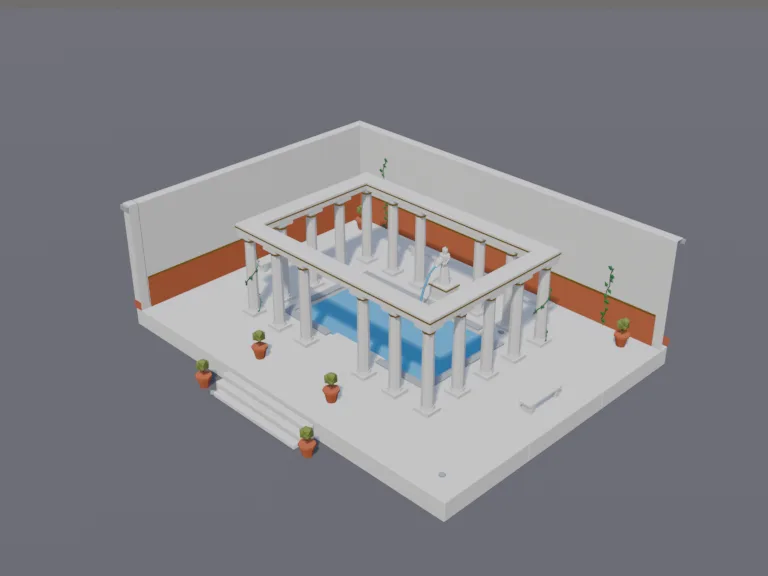 Roman Bathhouse: a low-poly Roman bathhouse: a large stone pool with steps down into blue water, columns around it, a statue fountain pouring water, marble benches and potted…