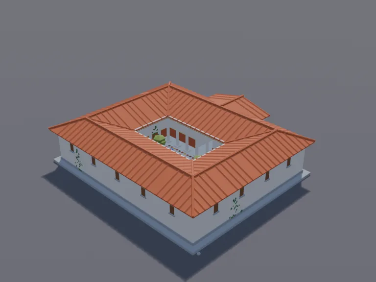 Roman Courtyard Villa: a low-poly Roman villa: a single-storey villa with terracotta roof tiles around an open courtyard with a small pool, columns, a mosaic floor pattern,…