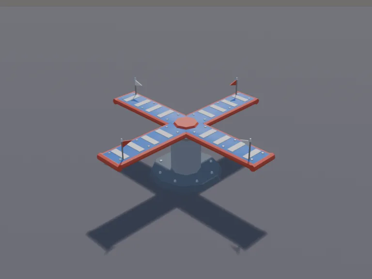 Rotating Cross Platform: a low-poly rotating cross platform: a plus-shaped platform with four long arms on a central pillar, with bright stripes on top and padded edges.