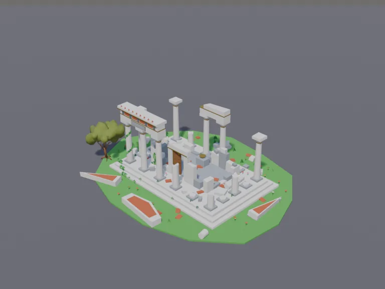 Ruined Marble Temple: a low-poly ruined temple: a half-collapsed marble temple with only some columns still standing, a fallen roof gable lying in pieces, scattered blocks and…