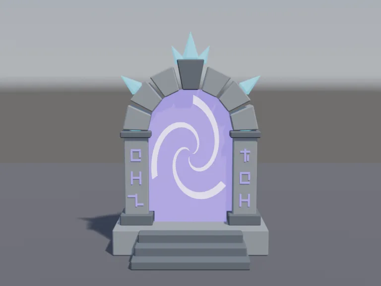 Rune Arch Teleporter: a low-poly teleport portal: a tall stone arch with carved runes and crystals set into the top, a glowing swirl filling the opening, and a short stepped…