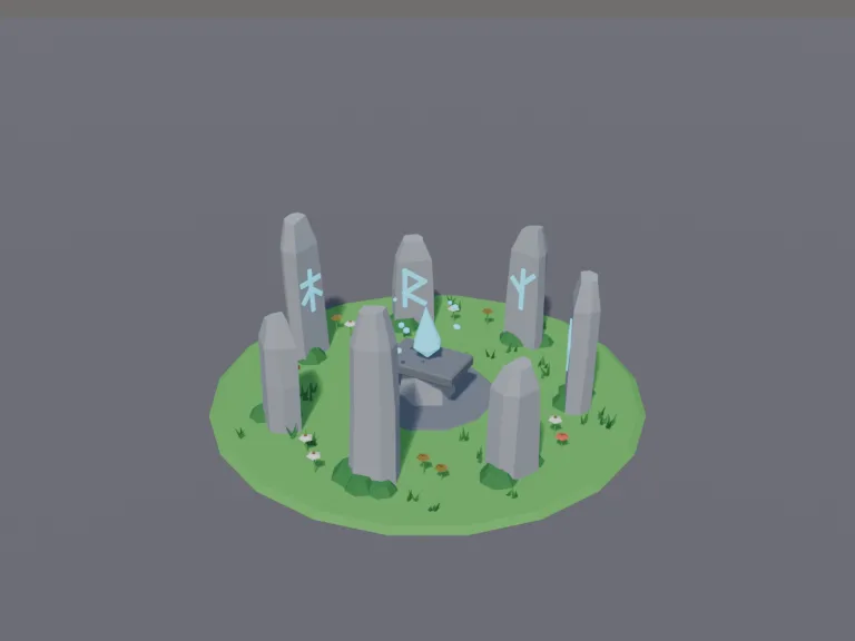 Rune Stone Circle: a low-poly ring of standing rune stones: each carved with a glowing blue rune, a flat altar stone in the middle with a glowing crystal resting on top.