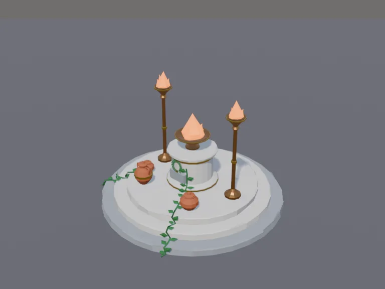 Sacred Marble Altar: a low-poly sacred altar: a round marble altar with a bronze fire bowl on top, a laurel wreath, offering jars, two tall bronze torches and a stepped…