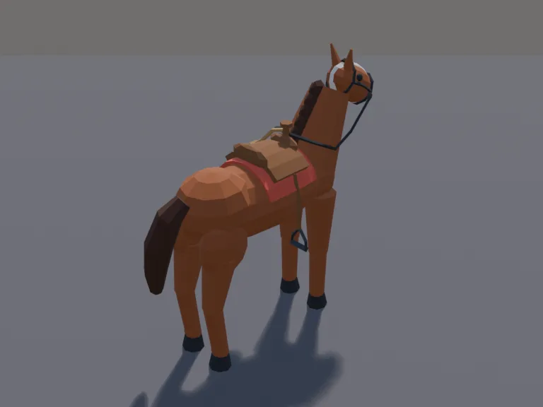 Saddled Chestnut Horse: a low-poly horse standing on all four legs: a chestnut brown body with a darker mane and tail, a white blaze down its face, a saddle with stirrups, a…