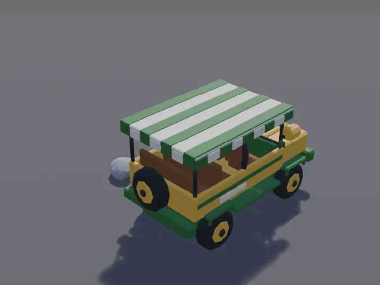 Safari Park Tour Truck: a low-poly park tour truck: a chunky open-top off-road truck in safari yellow and green with a roll bar, a spotlight, a spare wheel on the back and a…