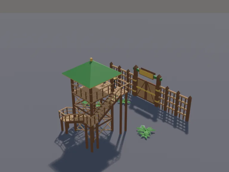Safari Viewing Tower: a low-poly park viewing tower: a tall wooden lookout tower with stairs, a roofed platform at the top with binoculars on stands and railings, overlooking a…