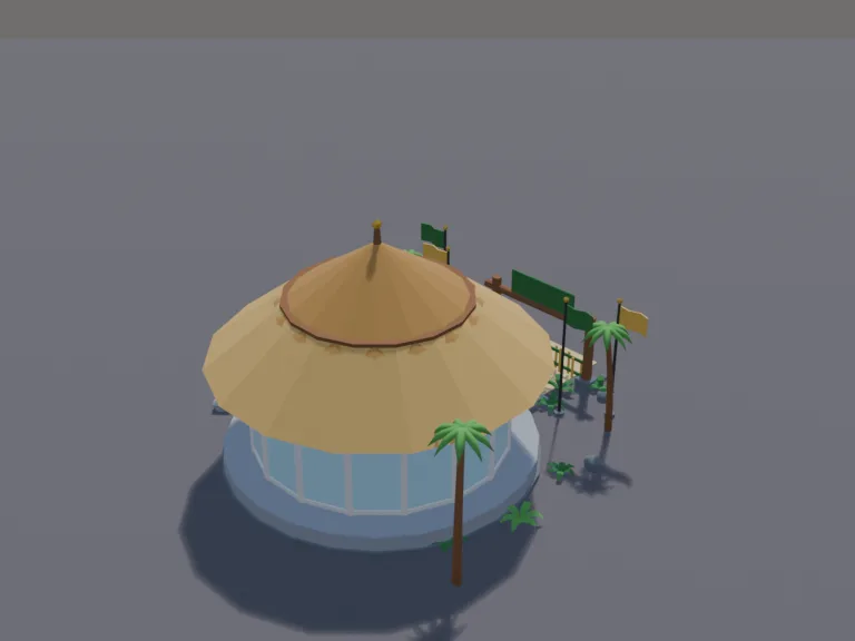 Safari Visitor Centre: a low-poly visitor centre: a modern rounded building with big glass windows, a thatched cone roof, a dinosaur skeleton visible inside, wide steps up to…
